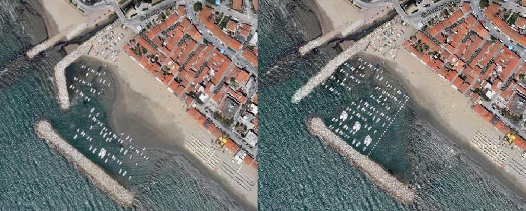 A sinistra la spiaggia e l'approdo di Senzuno adesso e, a destra, la simulazione della riorganizzazione proposta dal comitato di residenti 