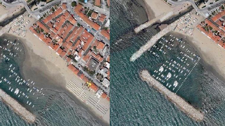 A sinistra la spiaggia e l'approdo di Senzuno adesso e, a destra, la simulazione della riorganizzazione proposta dal comitato di residenti