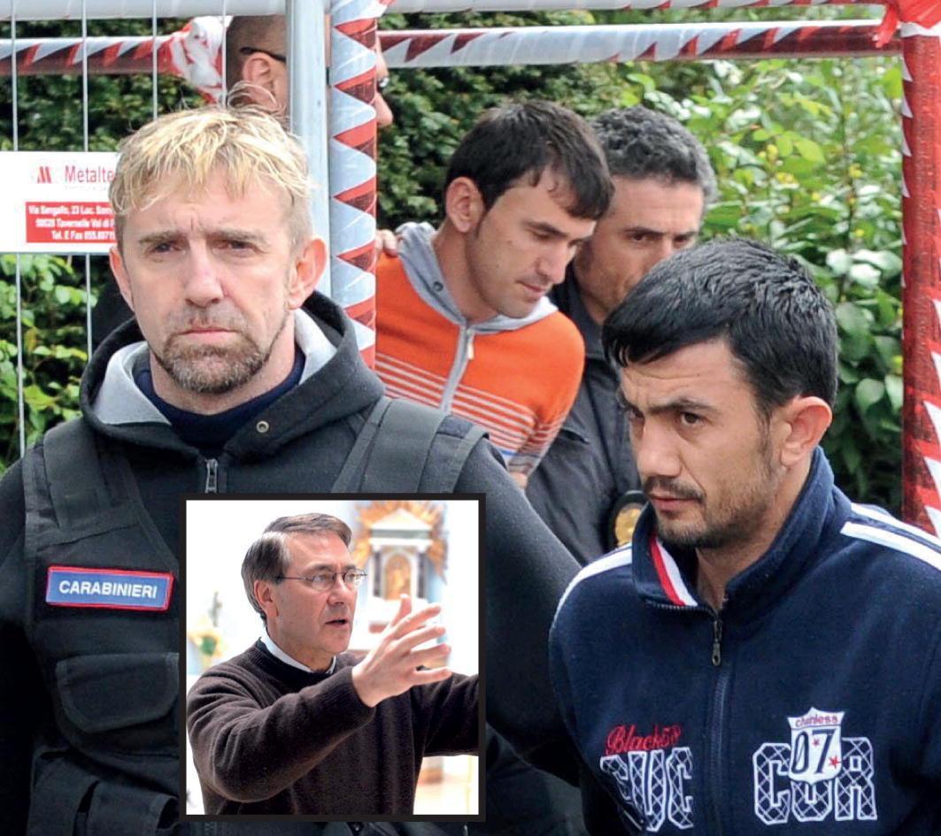 Fation Kraja e Bledar Haxillari portati via dalle forze dell'ordine. Nel riquadro Mario Del Becaro