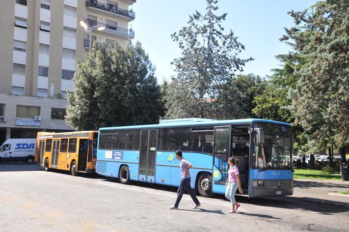 Alcuni bus del Ctt in piazza nella pensilina centrale di Cecina