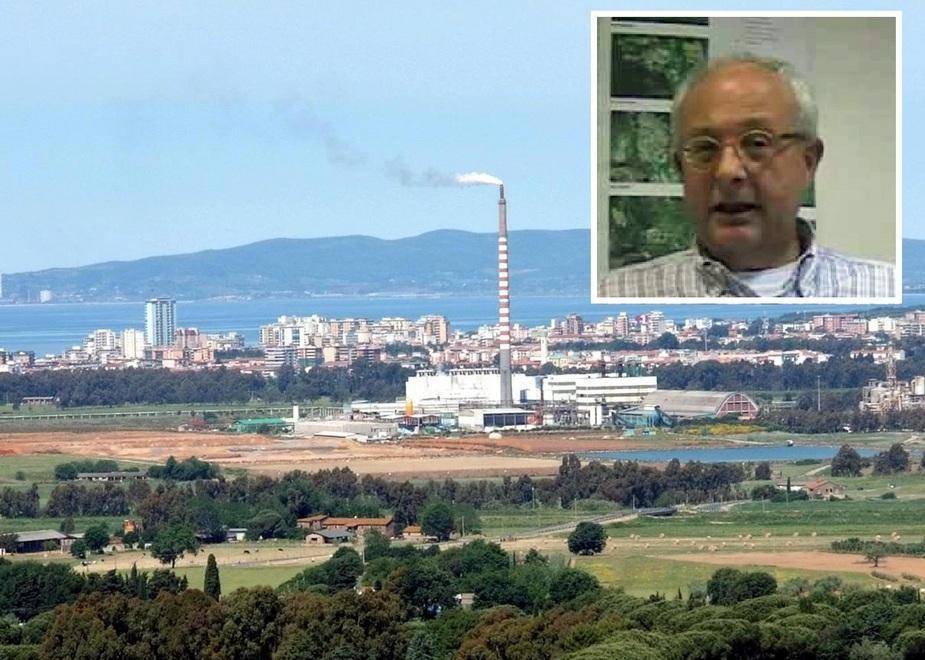 L'area industriale nella piana di Scarlino e, nel riquadro, Marco Pellegrini di Arpat