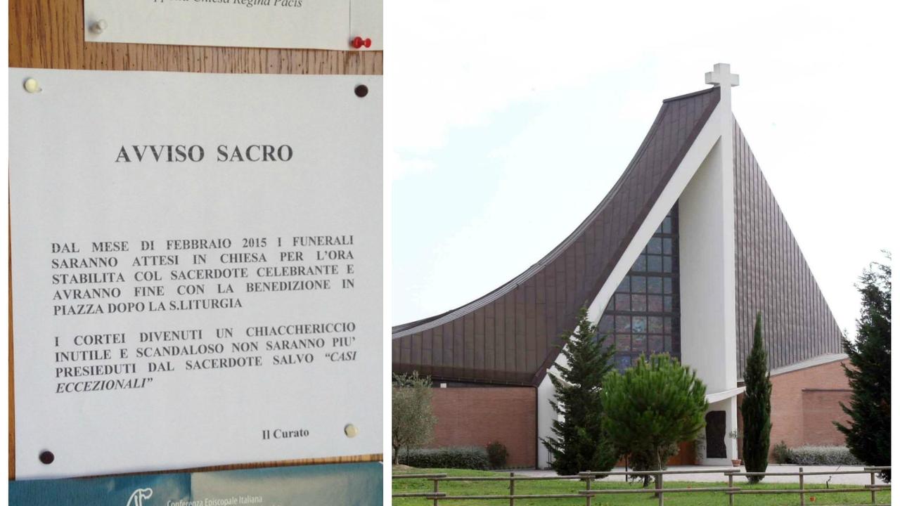 L'avviso all'ingresso e una veduta della chiesa di Fornacette