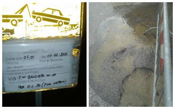 Il cartello con il quale Publiacqua segnalava la pedita in via Bandiera e di fianco la pozza d'acqua (foto Alessandro Cheli)