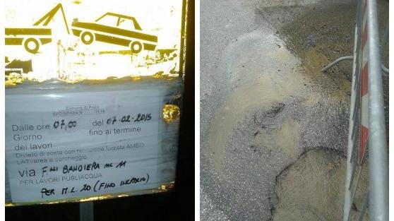 Il cartello con il quale Publiacqua segnalava la pedita in via Bandiera e di fianco la pozza d'acqua (foto Alessandro Cheli)