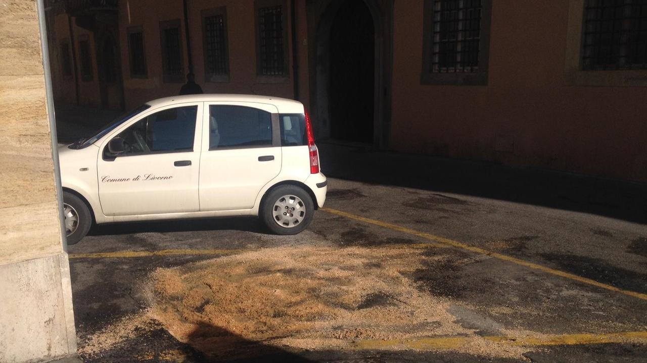 Via Pollastrini: segatura nel punto dove è bruciata l'auto della polizia municipale