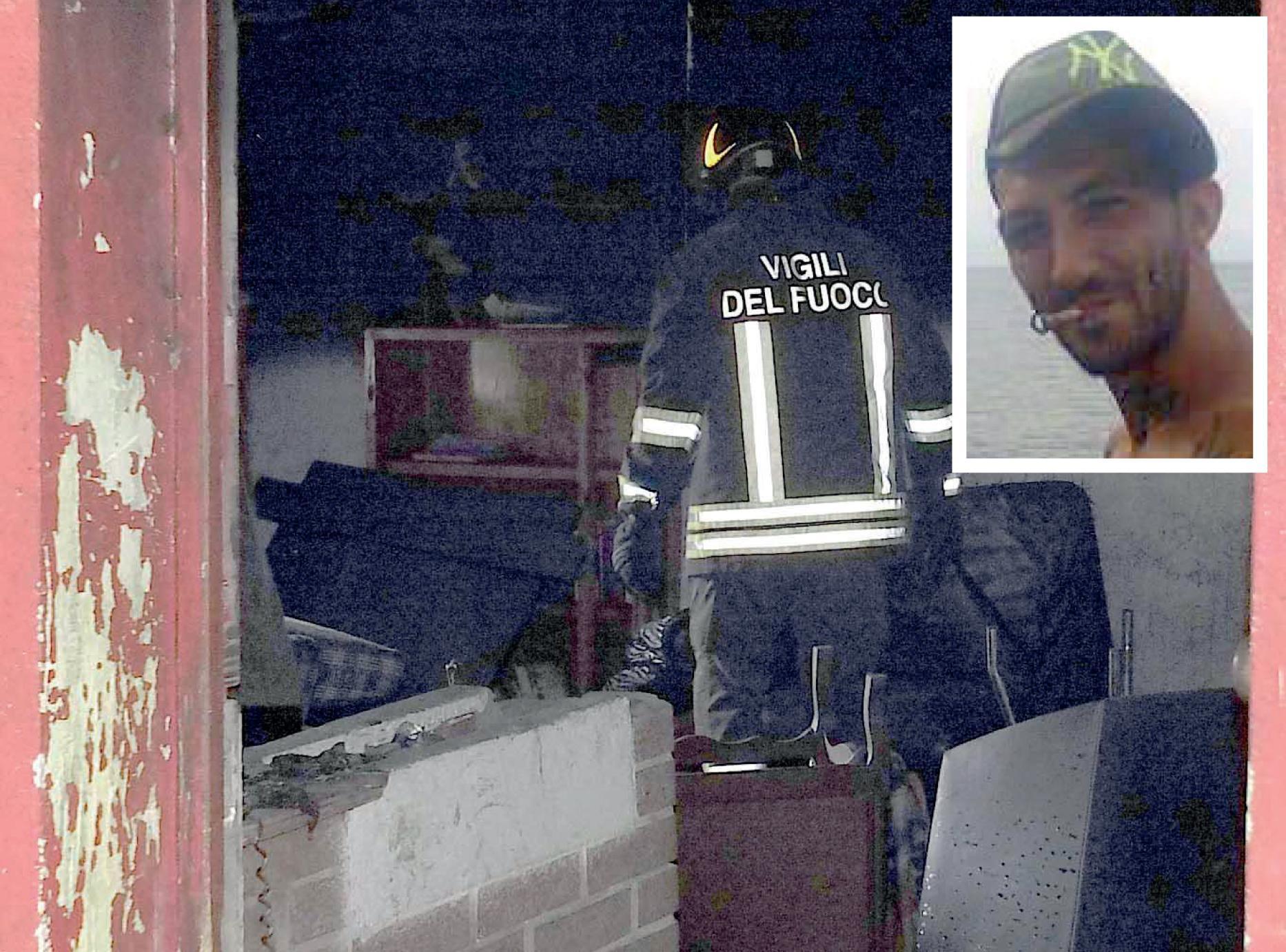 La casa bruciata e, nel riquadro, Sebastiano Del Re