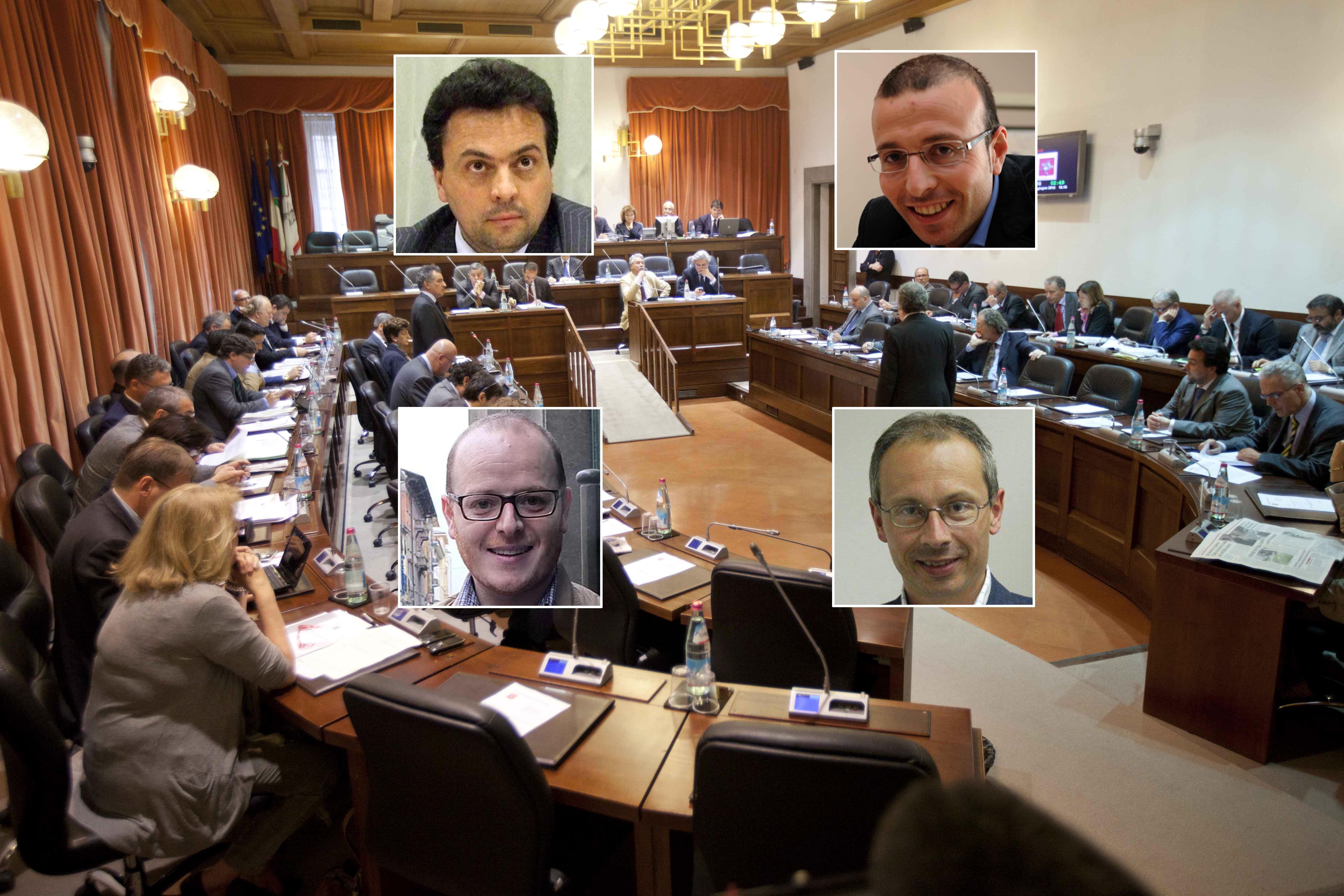 La sala del consiglio regionale e, in senso orario, Ferrucci, Mazzeo, Pieroni, Nocchi