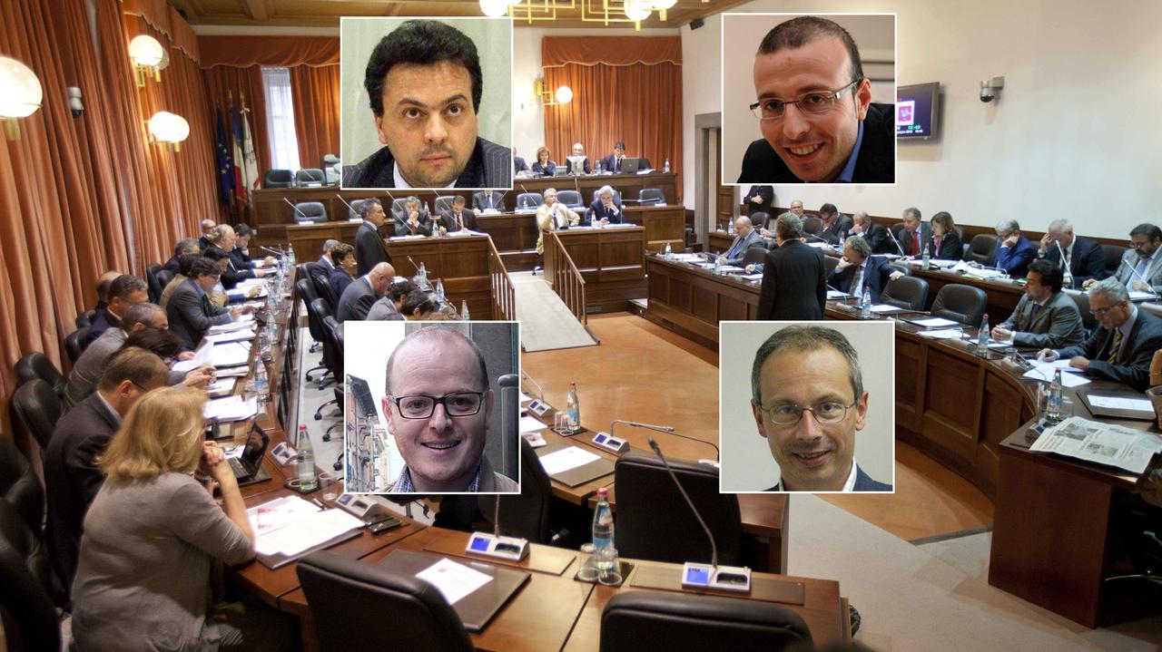 La sala del consiglio regionale e, in senso orario, Ferrucci, Mazzeo, Pieroni, Nocchi