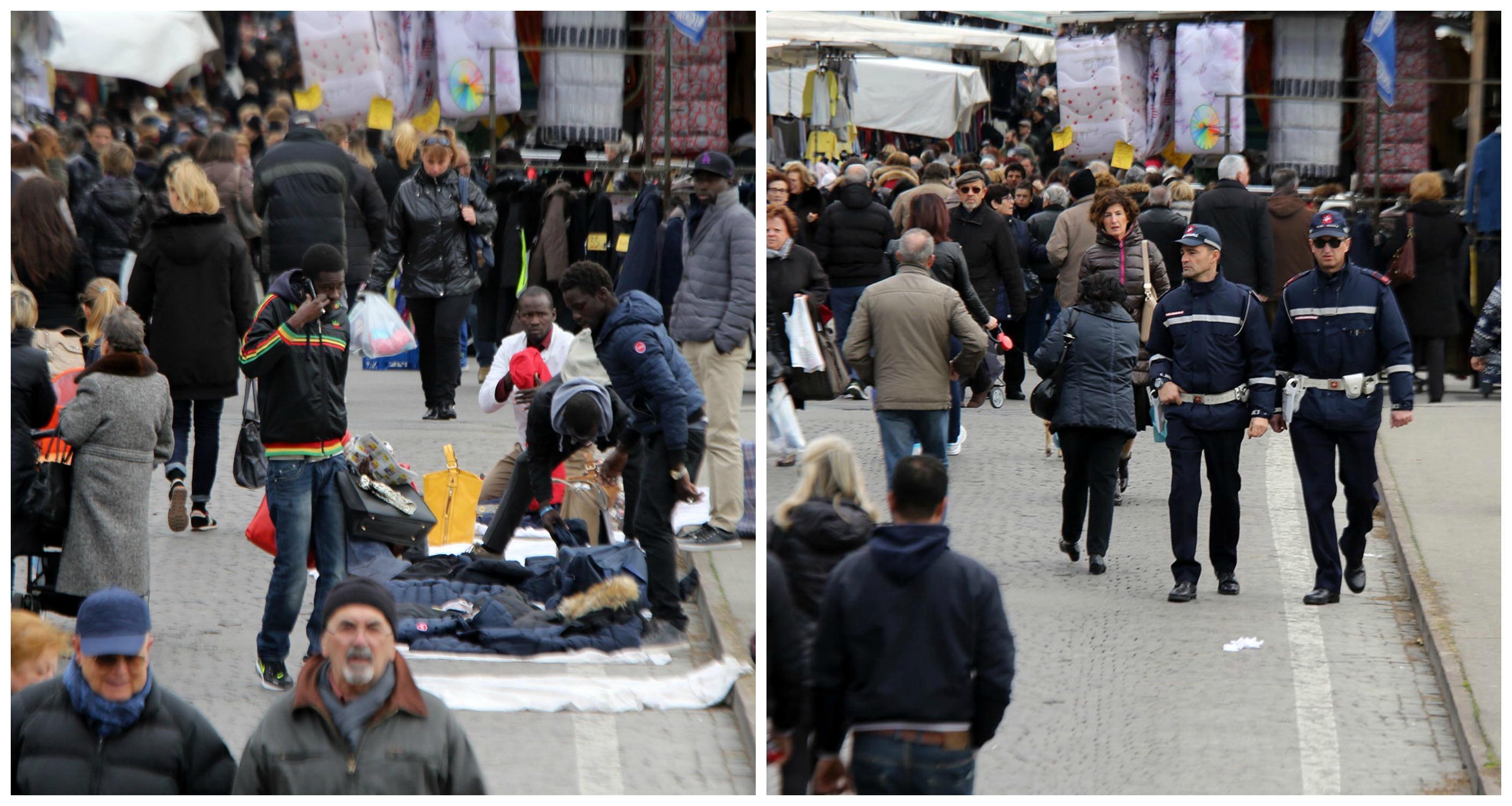 Arriva l'allarme della “sentinella” e gli ambulanti traslocano prima dell'arrivo dei vigili (Foto Agenzia Carlo Sestini)