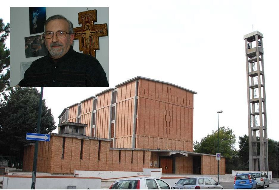 La chiesa di Santa Lucia a Barbanella e, nel riquadro, padre Lamberto Fantoni