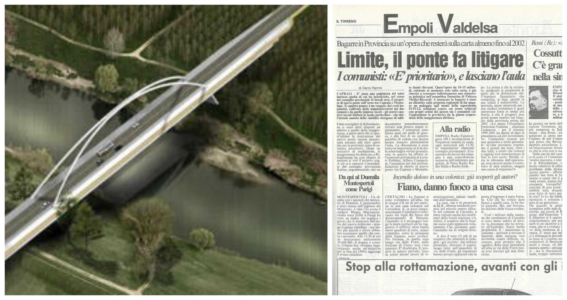 Il rendering del ponte e l’articolo del 30 settembre 1998 firmato da Dario Parrini
