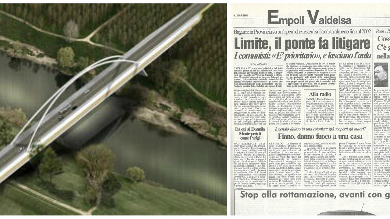 Il rendering del ponte e l’articolo del 30 settembre 1998 firmato da Dario Parrini