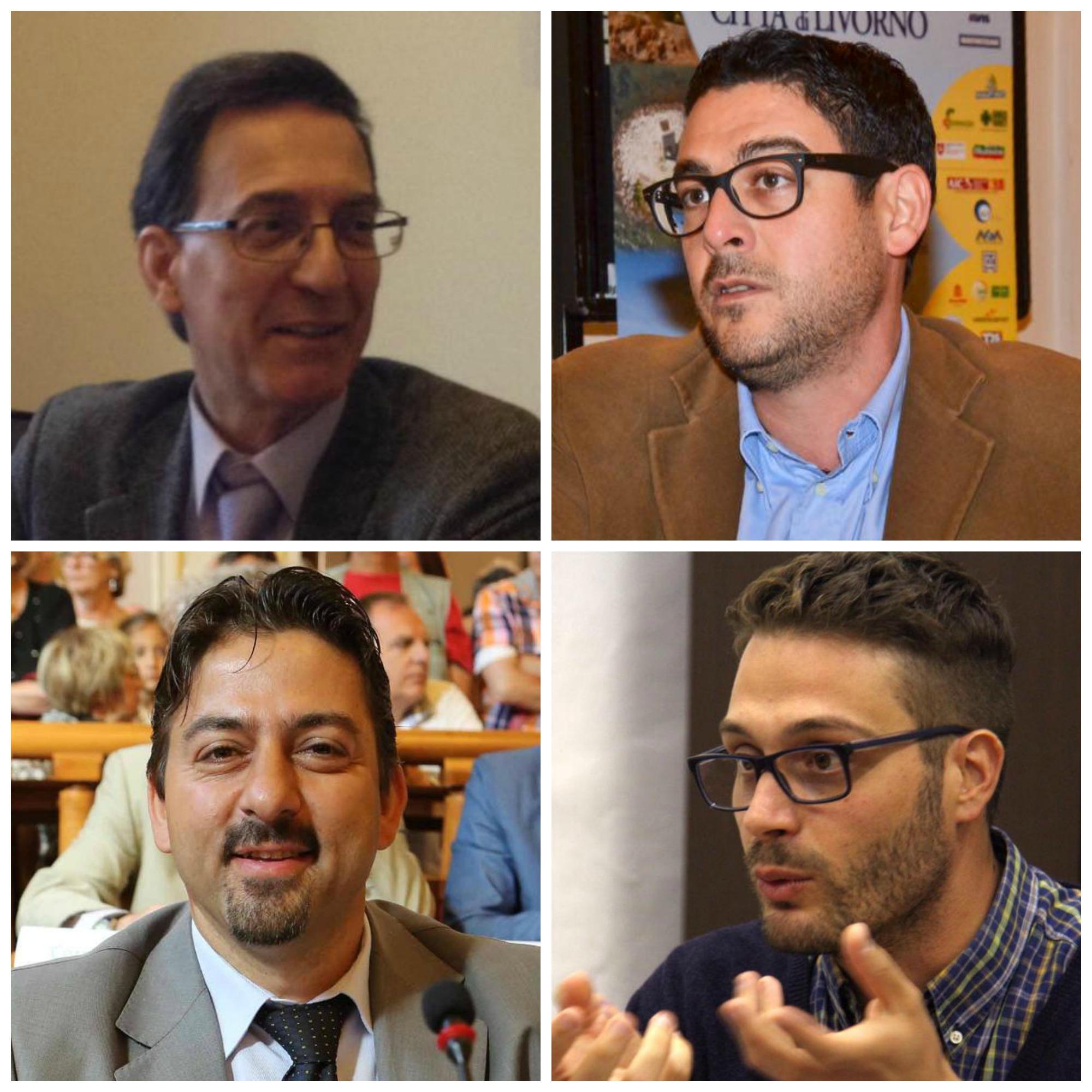 In alto: Marco Cannito (Città Diversa) e, a destra, Marco Ruggeri (Pd). In basso: Francesco Bastone (M5S) e, a destra, Andrea Raspanti (Buongiorno Livorno)