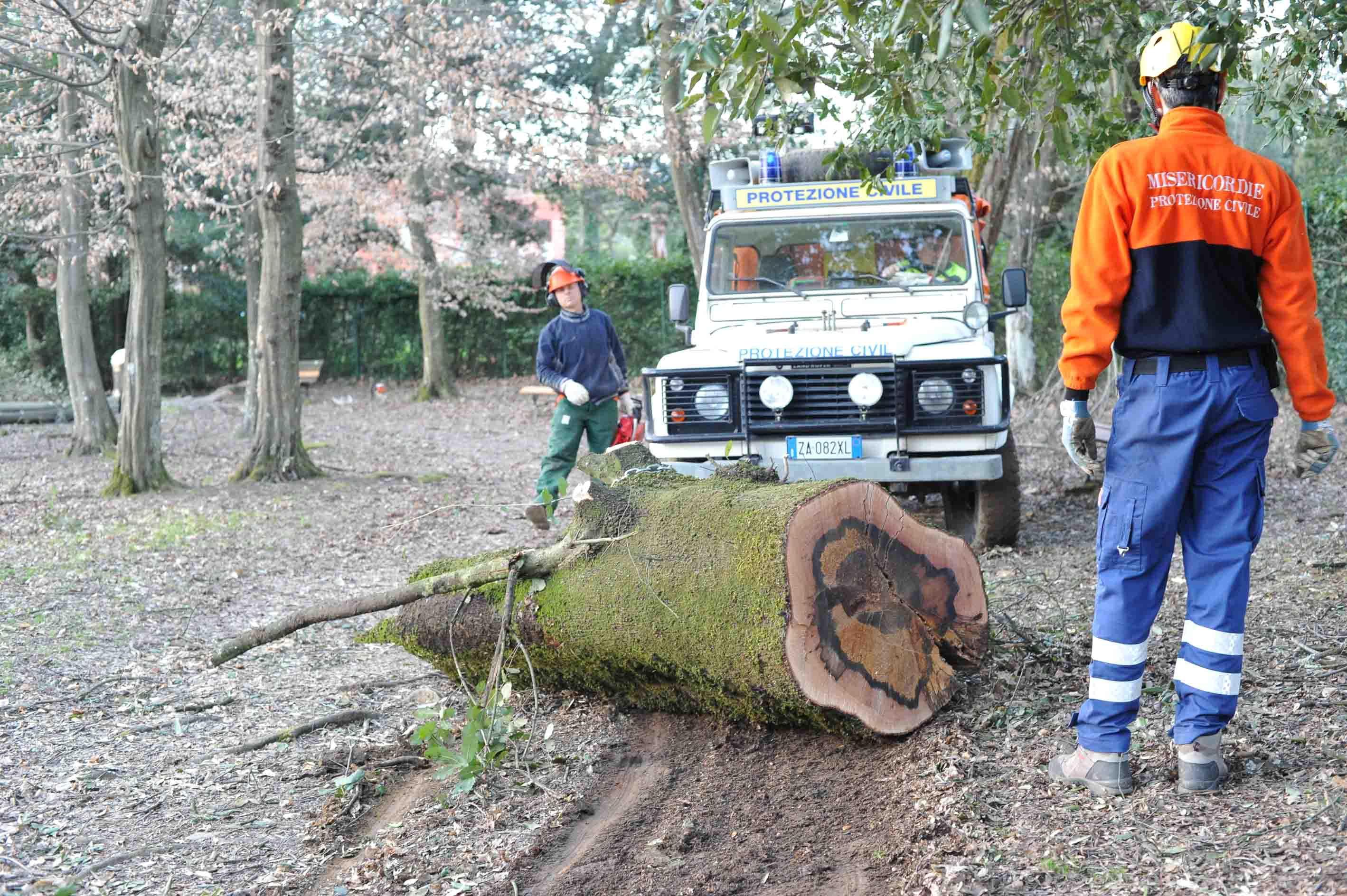 Un volontario impegnato nella rimozione di un tronco (foto Gori)