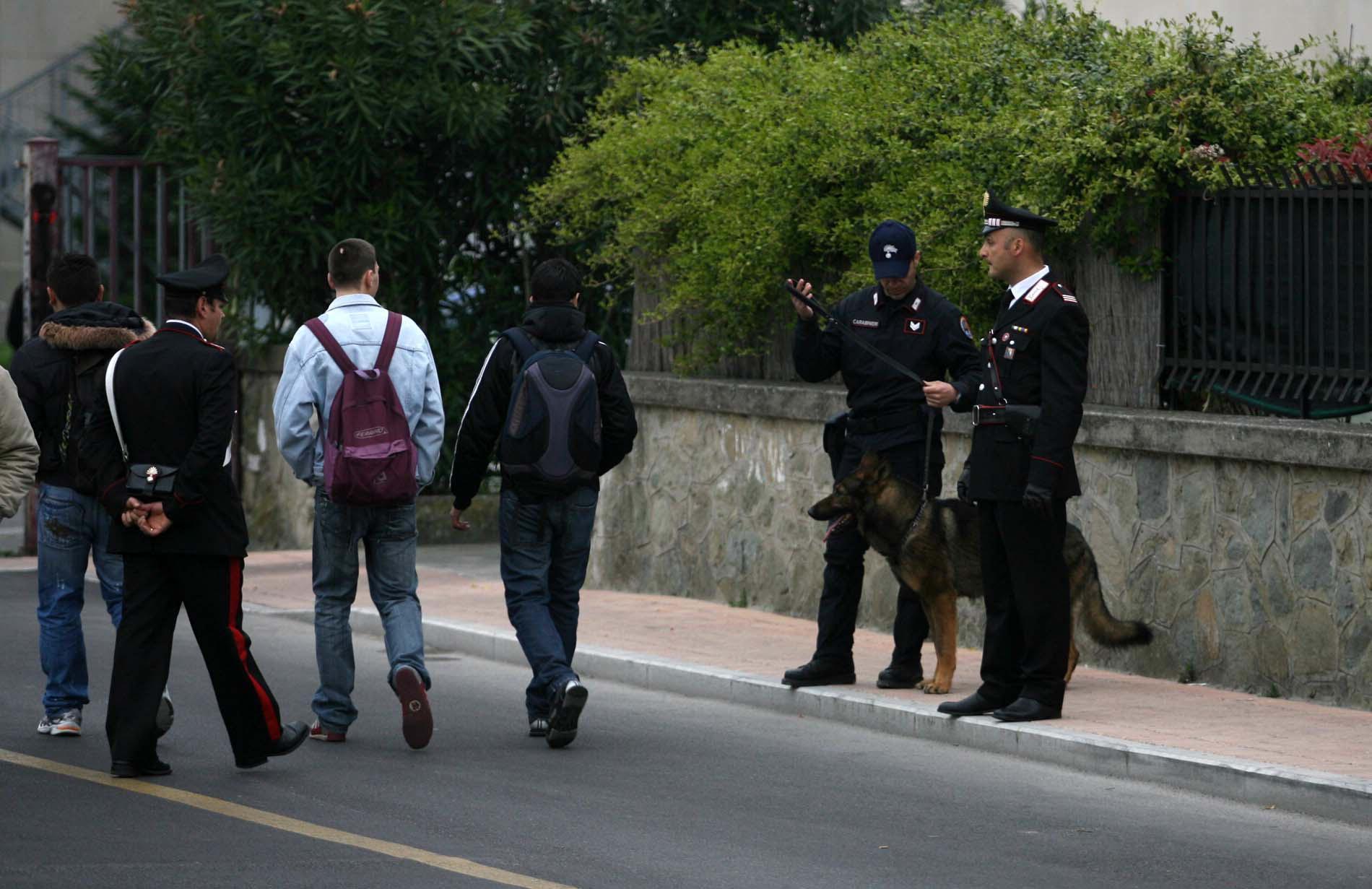 Controlli dei carabinieri coi cani anti-droga fuori da una scuola (foto di repertorio)