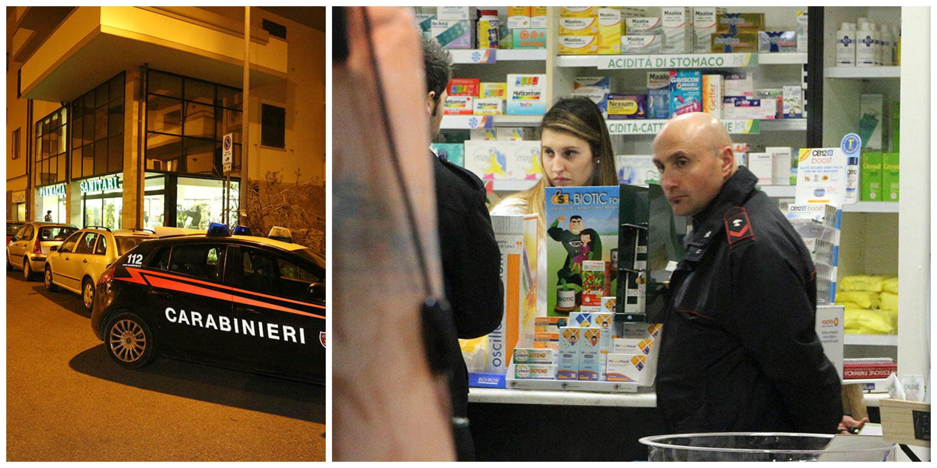 I carabinieri con la farmacista minacciata del rapinatore (Foto Agenzia Carlo Sestini)
