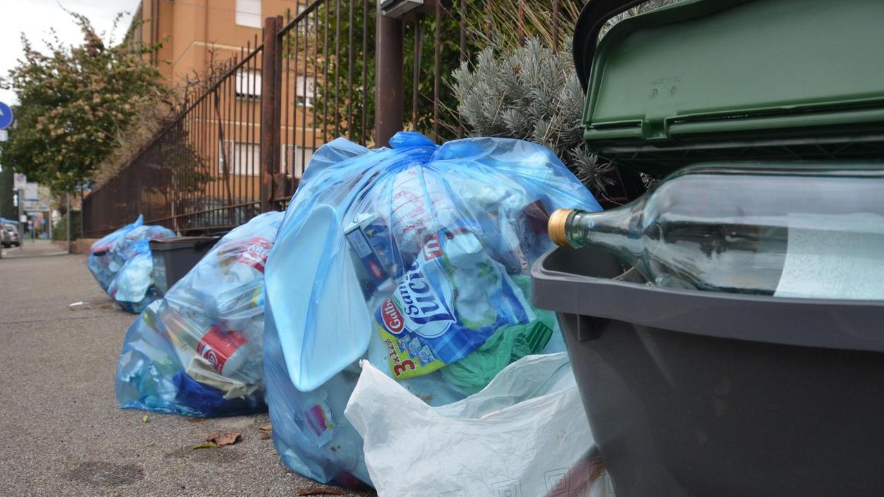 Mastelli e sacchi della raccolta differenziata porta a porta (foto Agenzia Bf)