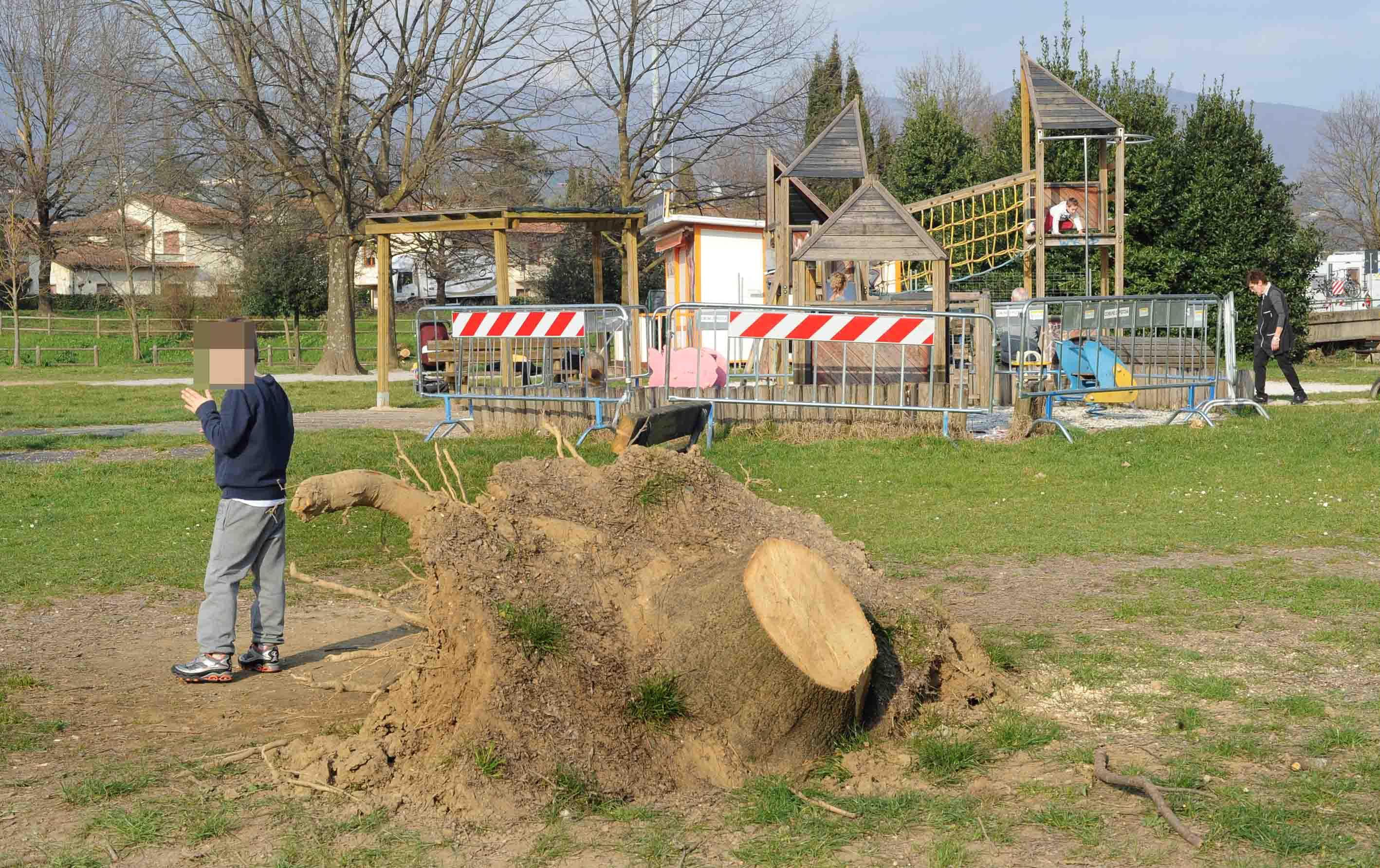 L'area dei giochi transennata nel Parco della Rana (foto Gori)