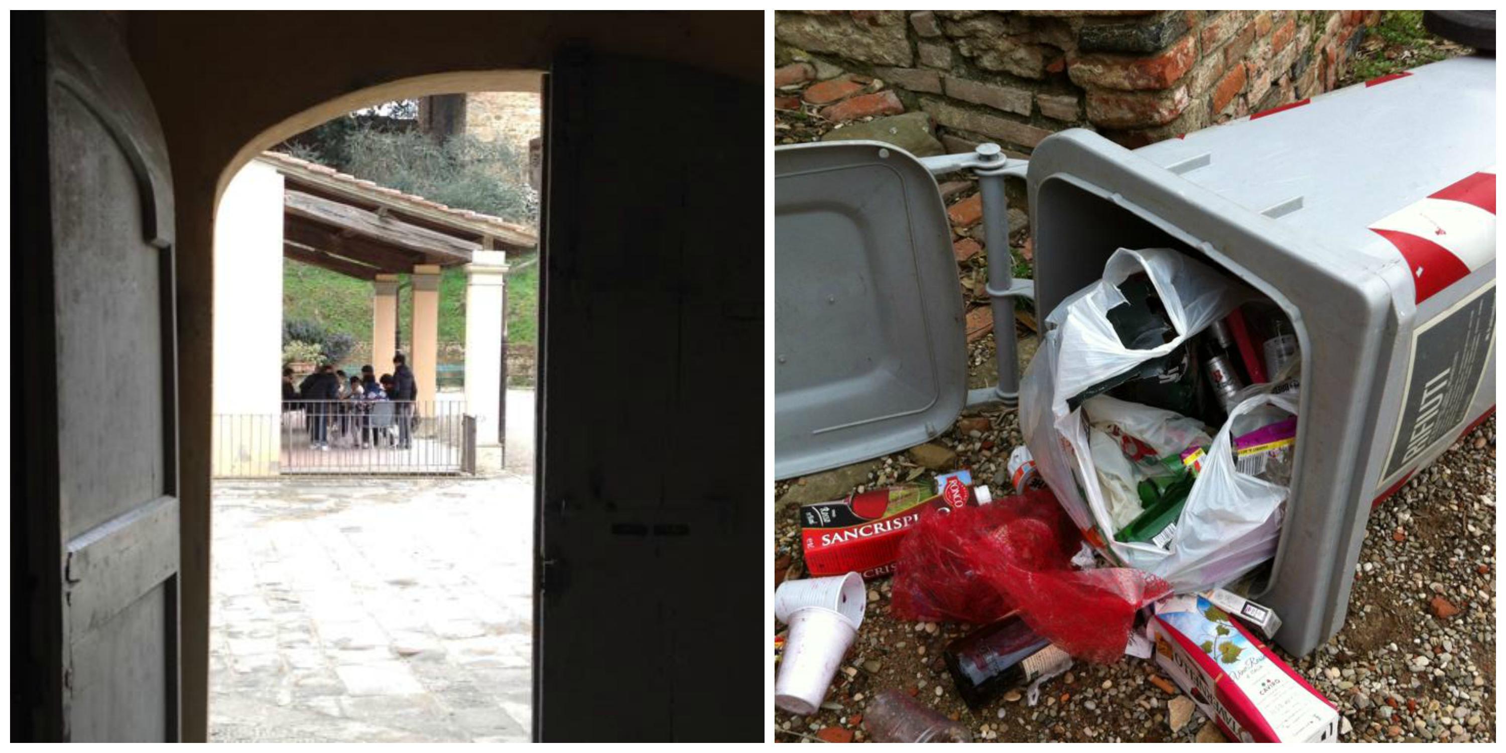 Un gruppo di ragazzi nel Parco Corsini, cartoni di vino e bottiglie di birra nel cestino rovesciato
