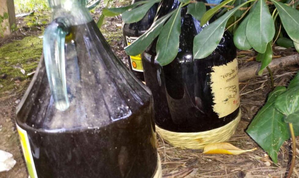 Olio in damigiane e scarpe in mezzo al parco 