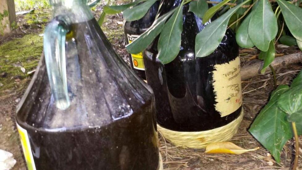 Olio in damigiane e scarpe in mezzo al parco