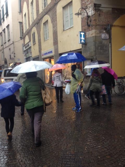 Un venditore di ombrelli in via Fillungo