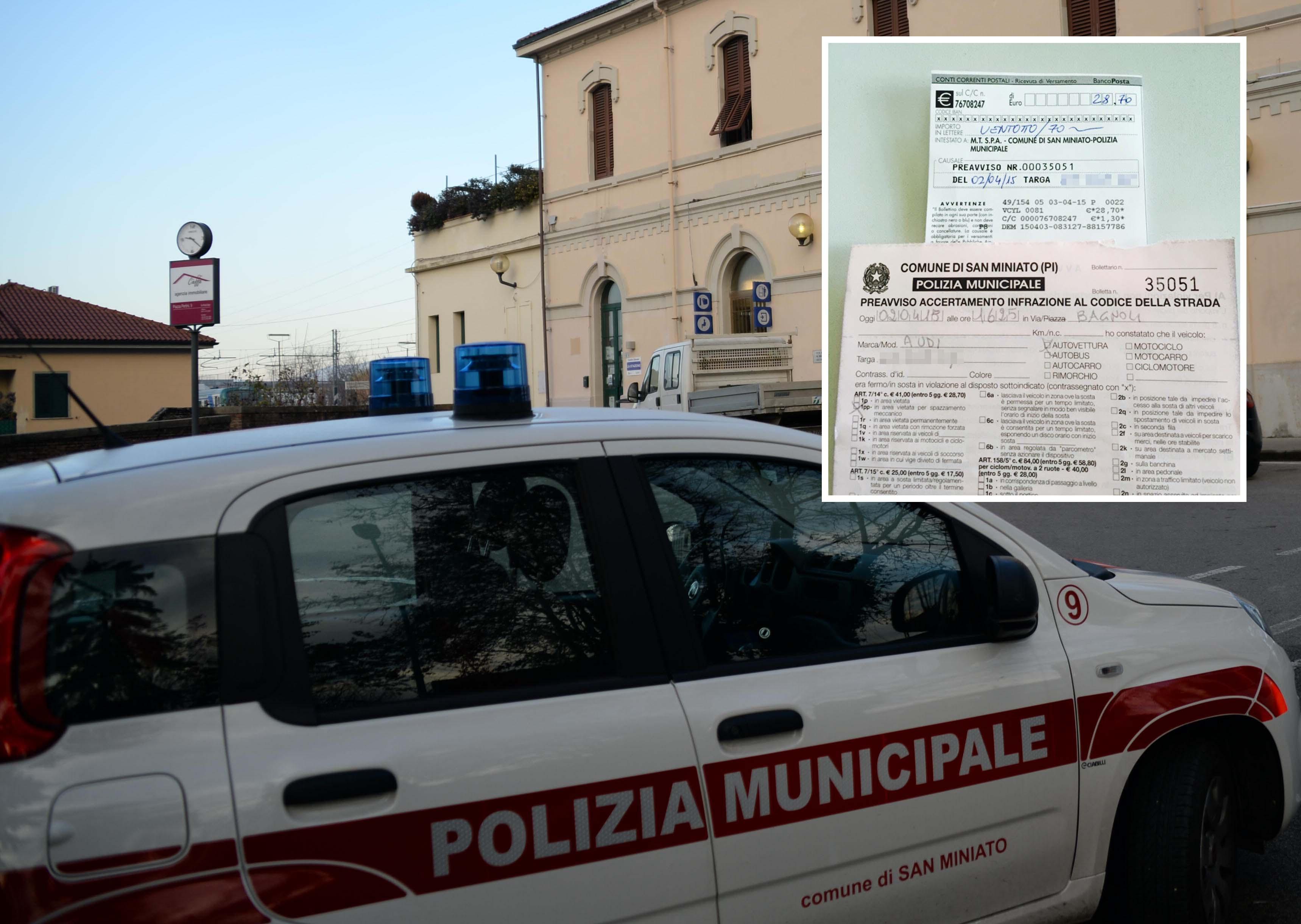 Una pattuglia della polizia municipale e, nel riquadro, la multa