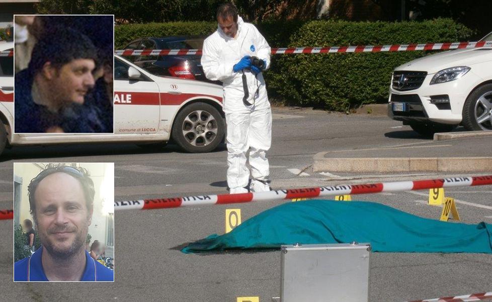 Il medico legale sul luogo del delitto e nei riquadri, dall'alto, la vittima Francesco Sodini e l'omicida Massimo Donatini