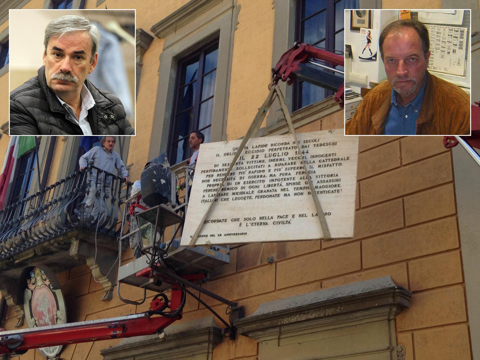 La rimozione delle lapidi e, nei riquadri, il sindaco Vittorio Gabbanini e Renzo Ulivieri