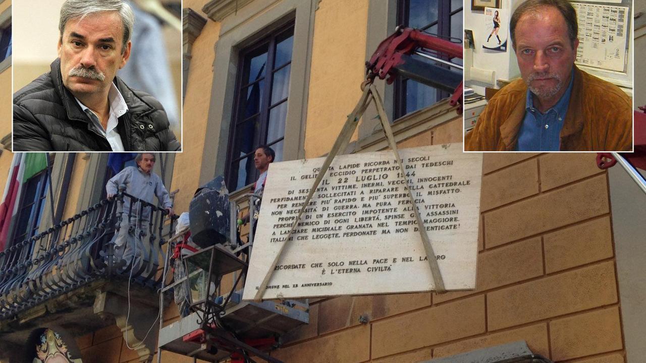 La rimozione delle lapidi e, nei riquadri, il sindaco Vittorio Gabbanini e Renzo Ulivieri