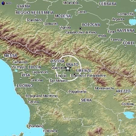 La mappa dell'Ingv evidenzia la scossa centrata proprio sulla città di Prato