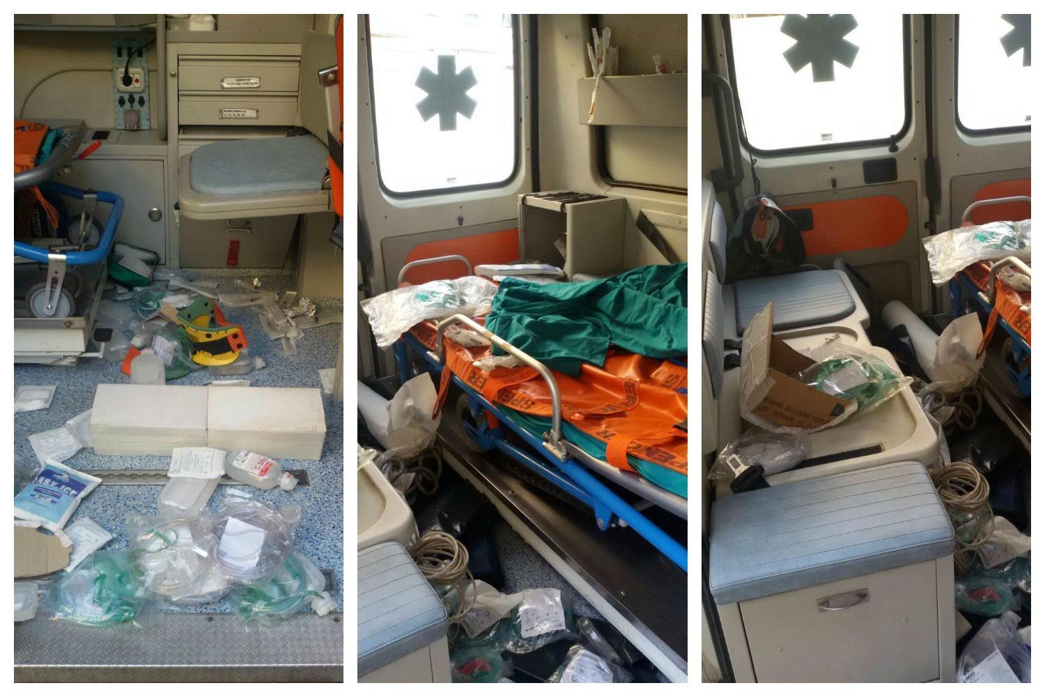 L'interno delle ambulanze prese di mira dai vandali