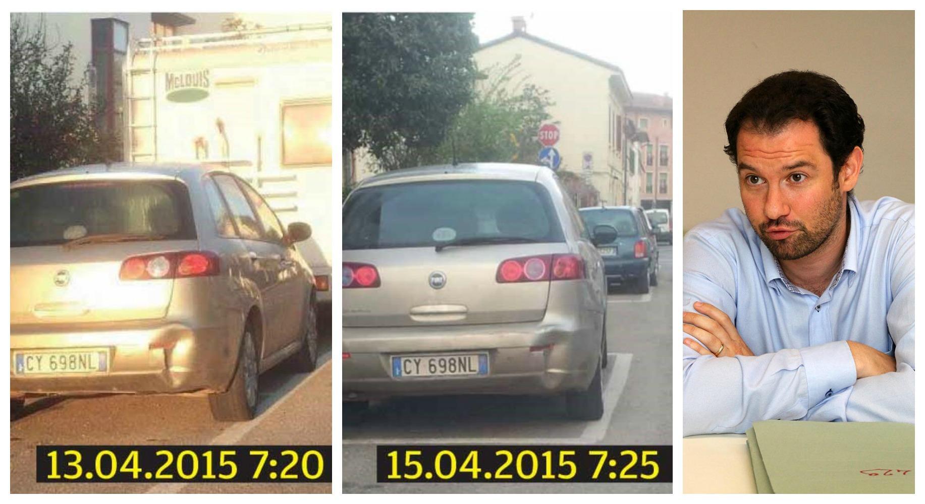Il sindaco Alessio Falorni e l'auto del Comune fotografata vicino a casa sua in orari diversi