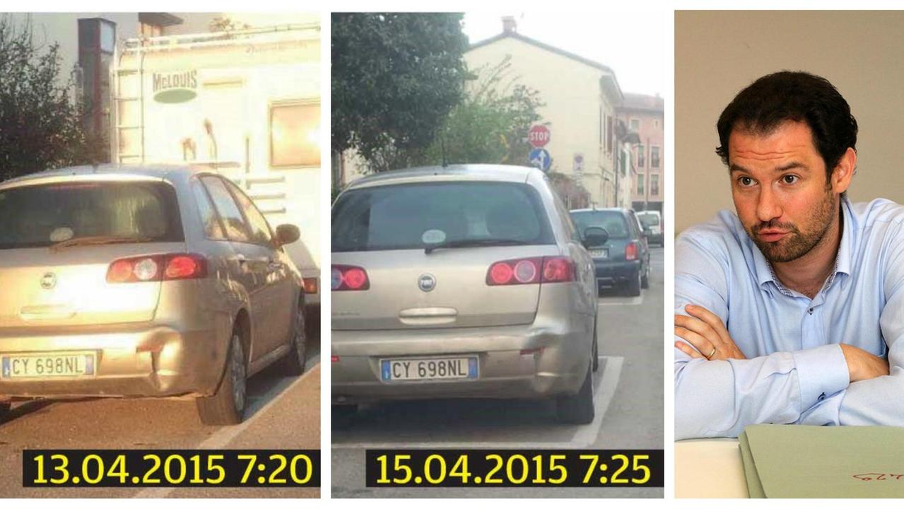 Il sindaco Alessio Falorni e l'auto del Comune fotografata vicino a casa sua in orari diversi