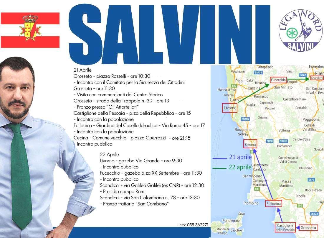 Il volantino delle iniziative elettorali di Matteo Salvini
