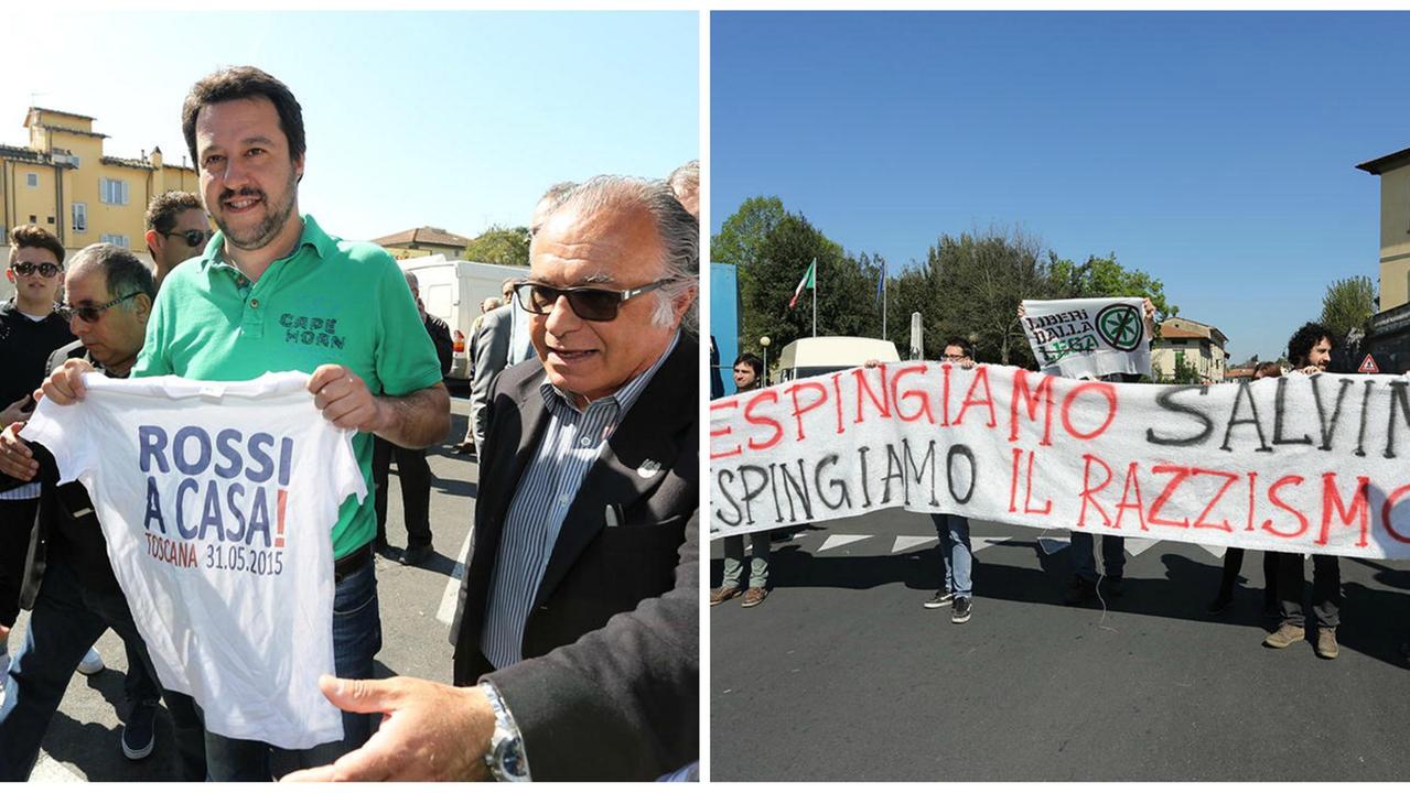 A sinistra Salvini e a destra la contestazione dell'Intifada