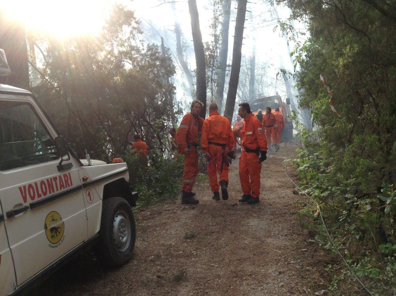 Vigili del fuoco e volontari dell'antincendio al lavoro per spegnere le fiamme