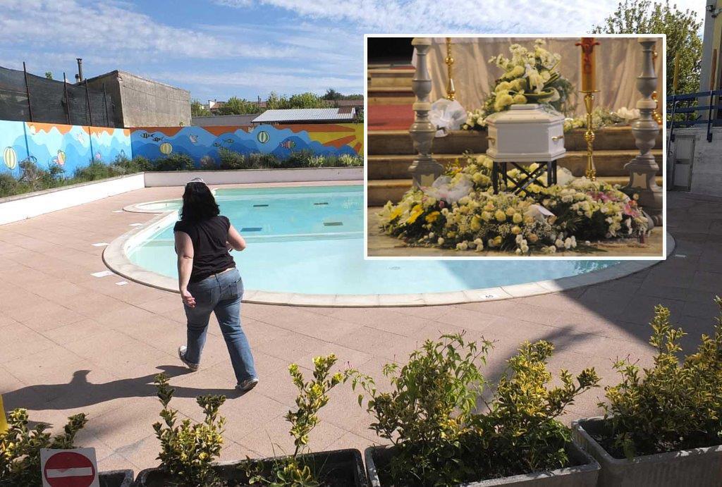 La piscina in cui avvenne la tragedia e il feretro della bimba morta annegata