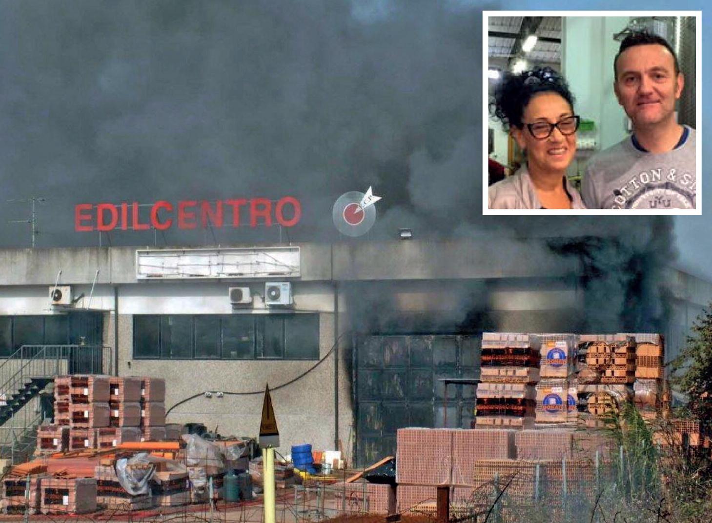 L'incendio all'Edilcentro nel 2012 (foto Paolo Barlettani). In alto Susy e Alessandro Menti