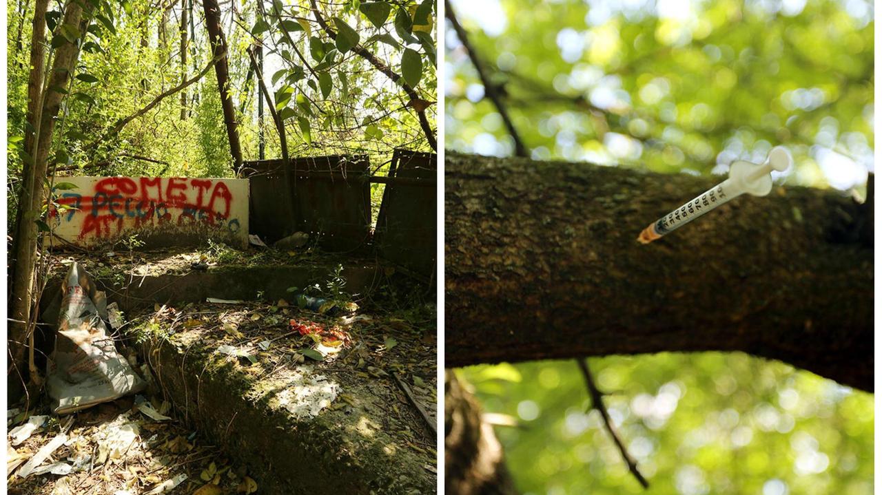 Un angolo trasformato in rifugio di tossici e una siringa conficcata in un albero (Foto Agenzia Carlo Sestini)