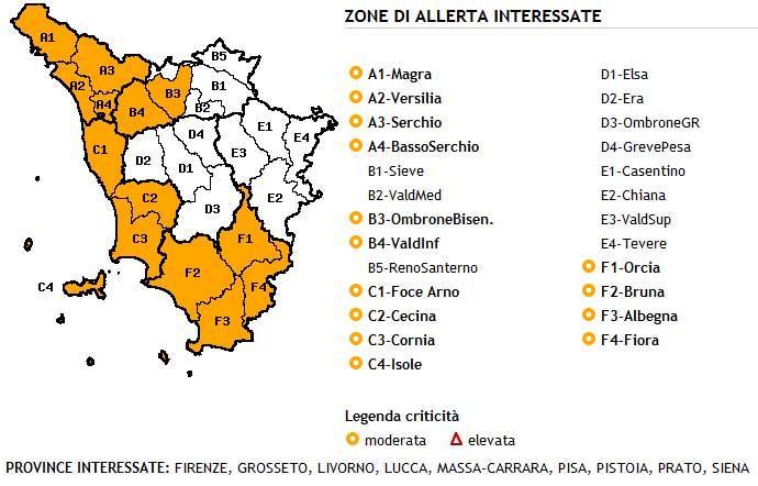 Le zone interassate dall'allerta meteo