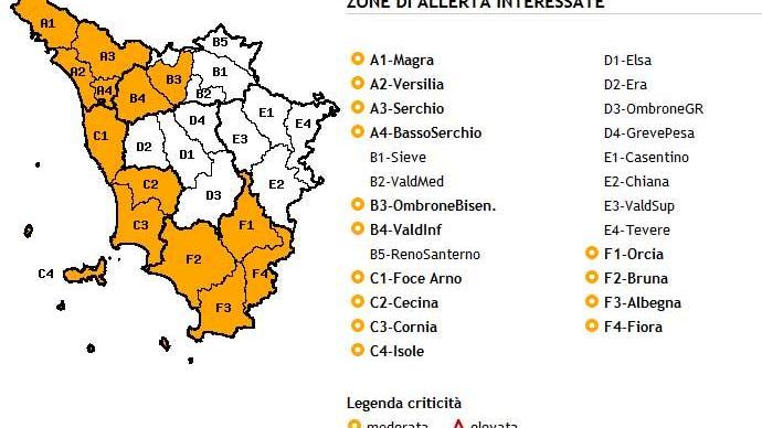 Le zone interassate dall'allerta meteo