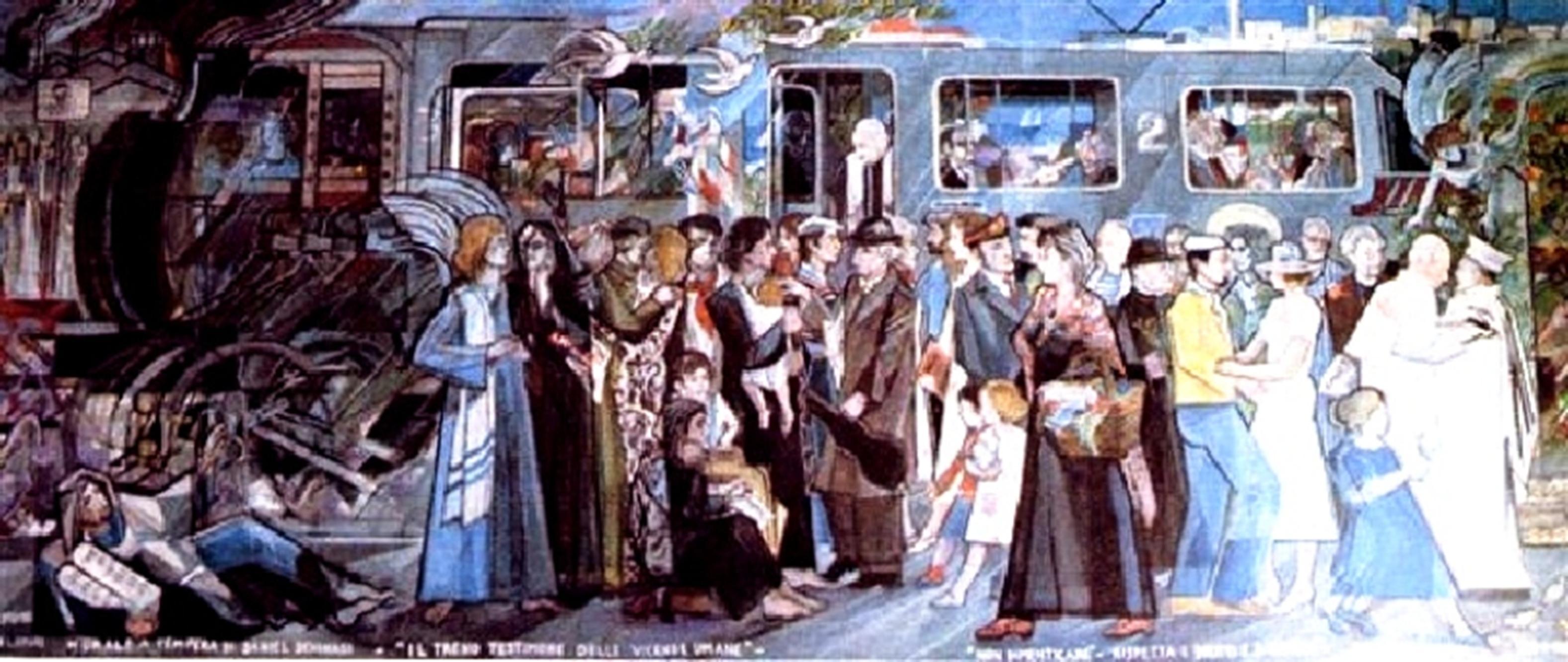 l murale della pace dipinto da Daniel Schinasi in stazione a Cecina: all’estrema destra l’abbraccio fra papa Giovanni Paolo II e il rabbino Elio Toaff