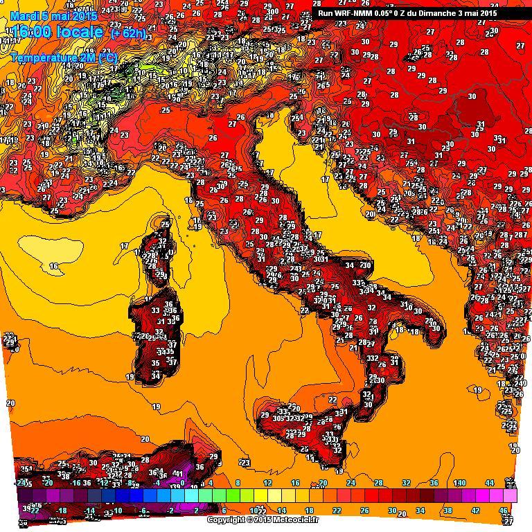 Le temperature previste per martedì 5 dal modello Wrf