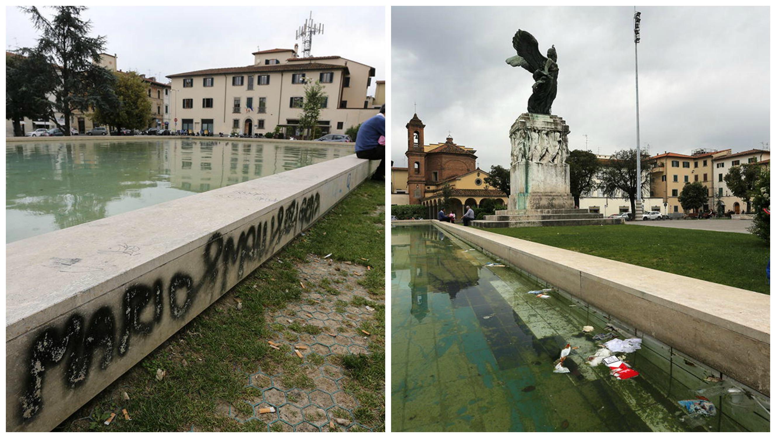 Rifiuti abbandonati e scritte nella vasca di piazza della Vittoria