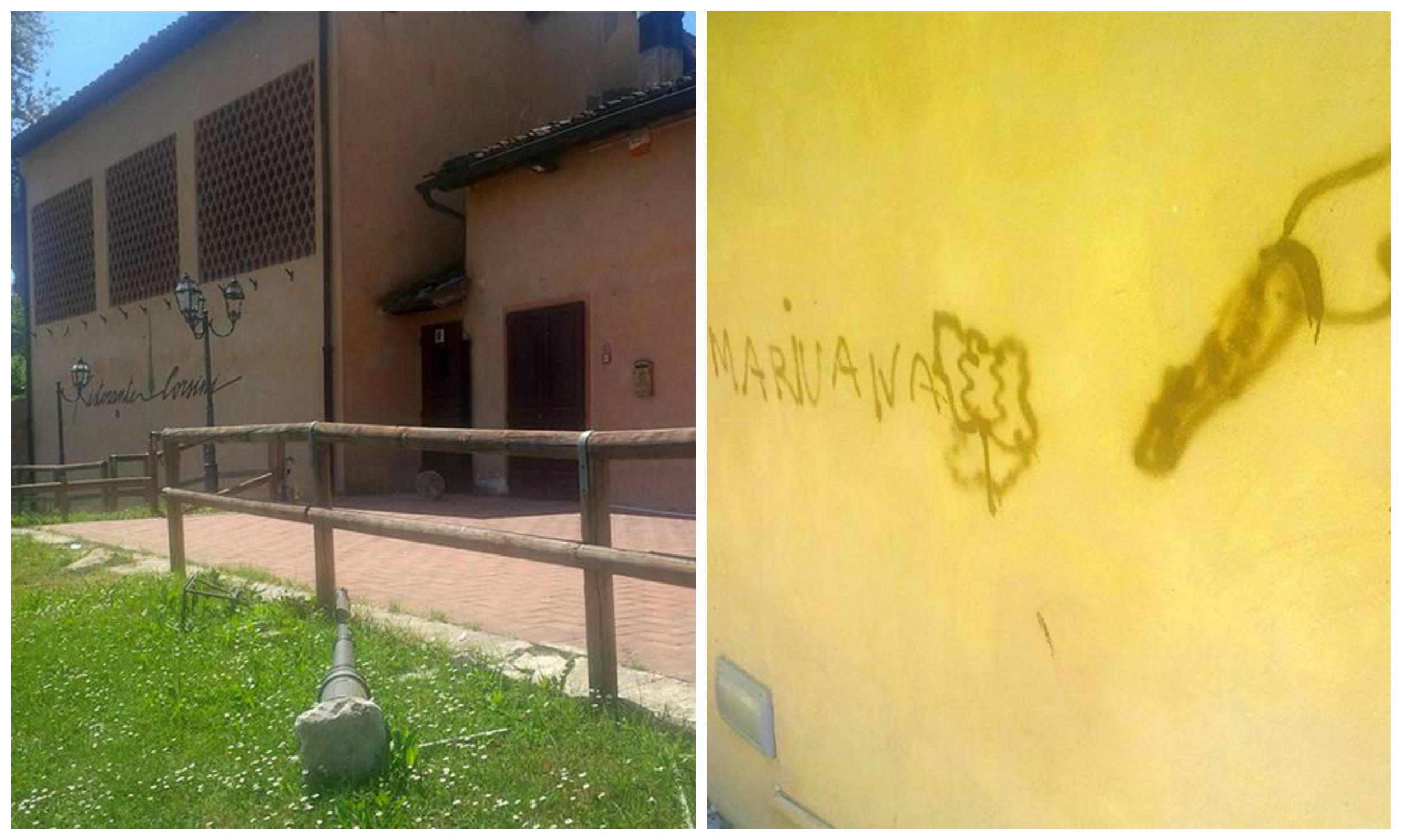 Un lampione divelto e una scritta sul muro dell'ex fienile di Parco Corsini