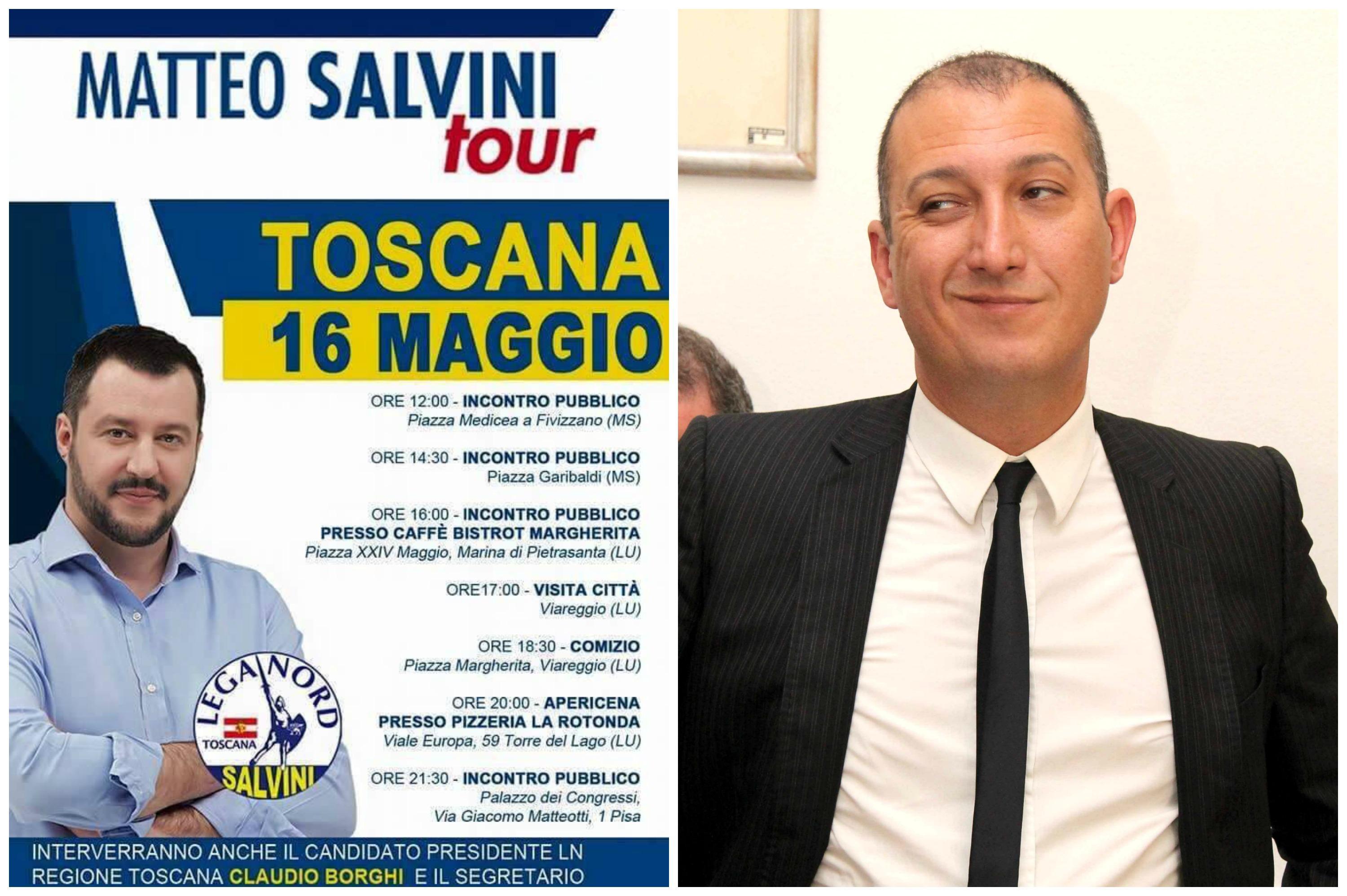 Il manifesto dell'iniziativa leghista e un'immagine di Alessio De Giorgi