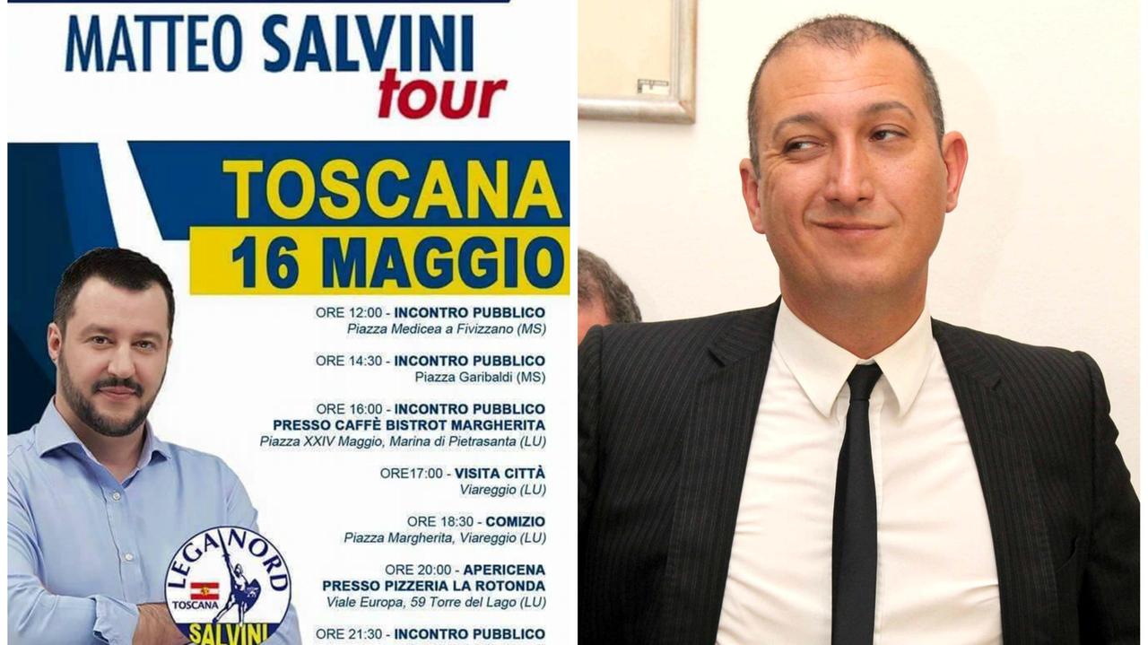 Il manifesto dell'iniziativa leghista e un'immagine di Alessio De Giorgi