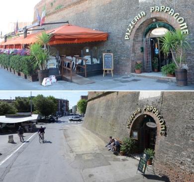 La pizzeria Pappagone quando aveva ancora la pedana e dopo la sua rimozione (foto agenzia Bf)