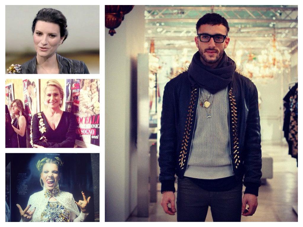 Lo stilista Stefano De Lellis e nei riquadri Laura Pusini, Simona Ventura e Emma